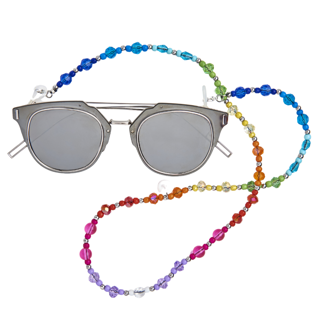 Beaded colourful crystal chain attached to silver fine sunglasses