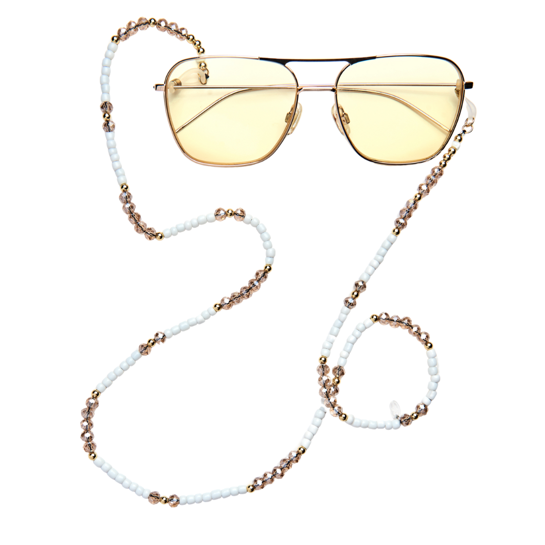 Beaded Glasses Chain with white and rose gold beads with yellow gold glasses