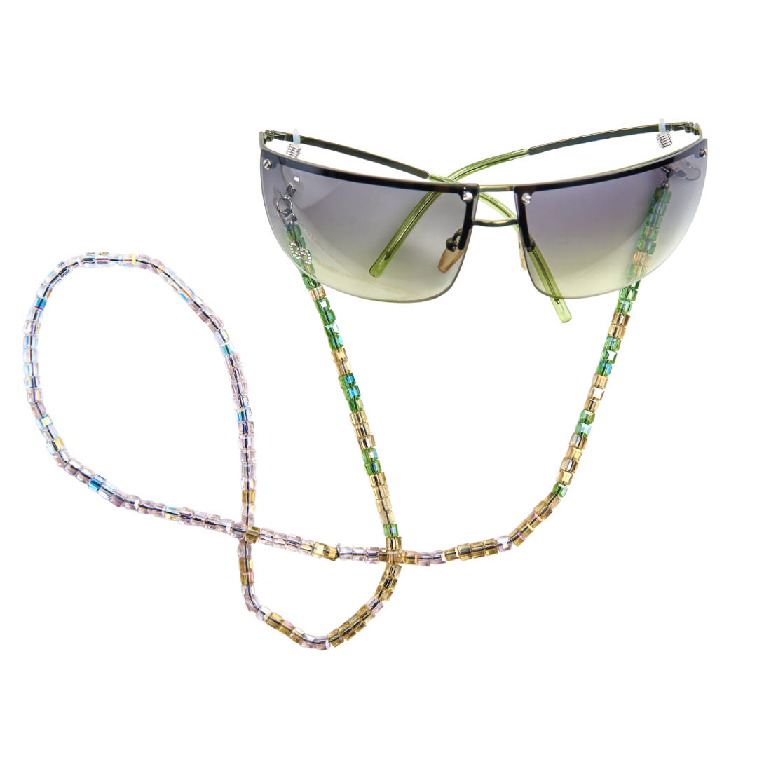 warm hue crystals in cube shape on chain attached to rectangular sunglasses