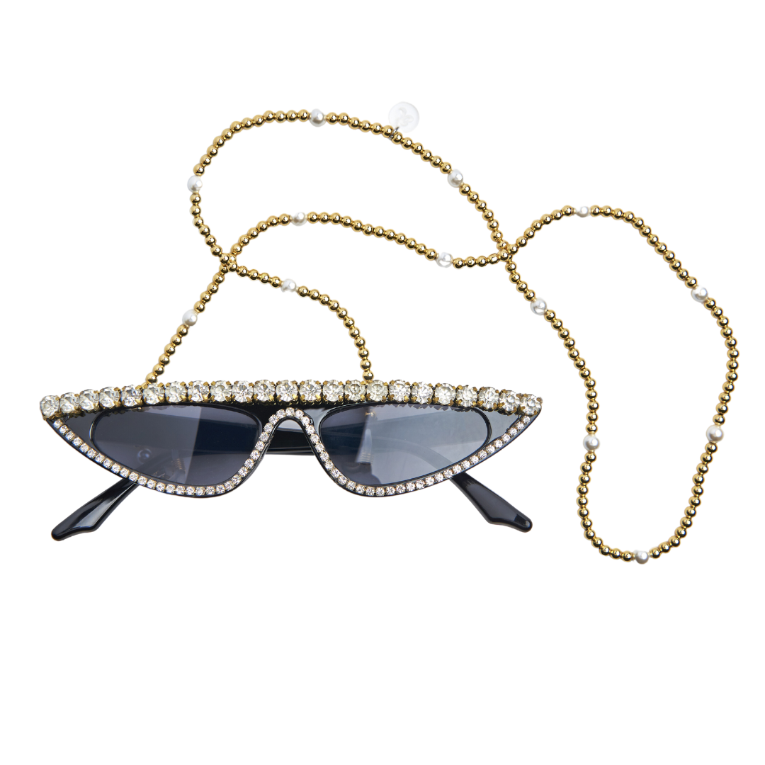 Beaded Glasses Chain with yellow gold beads and white pearls attached to sparkly sunglasses